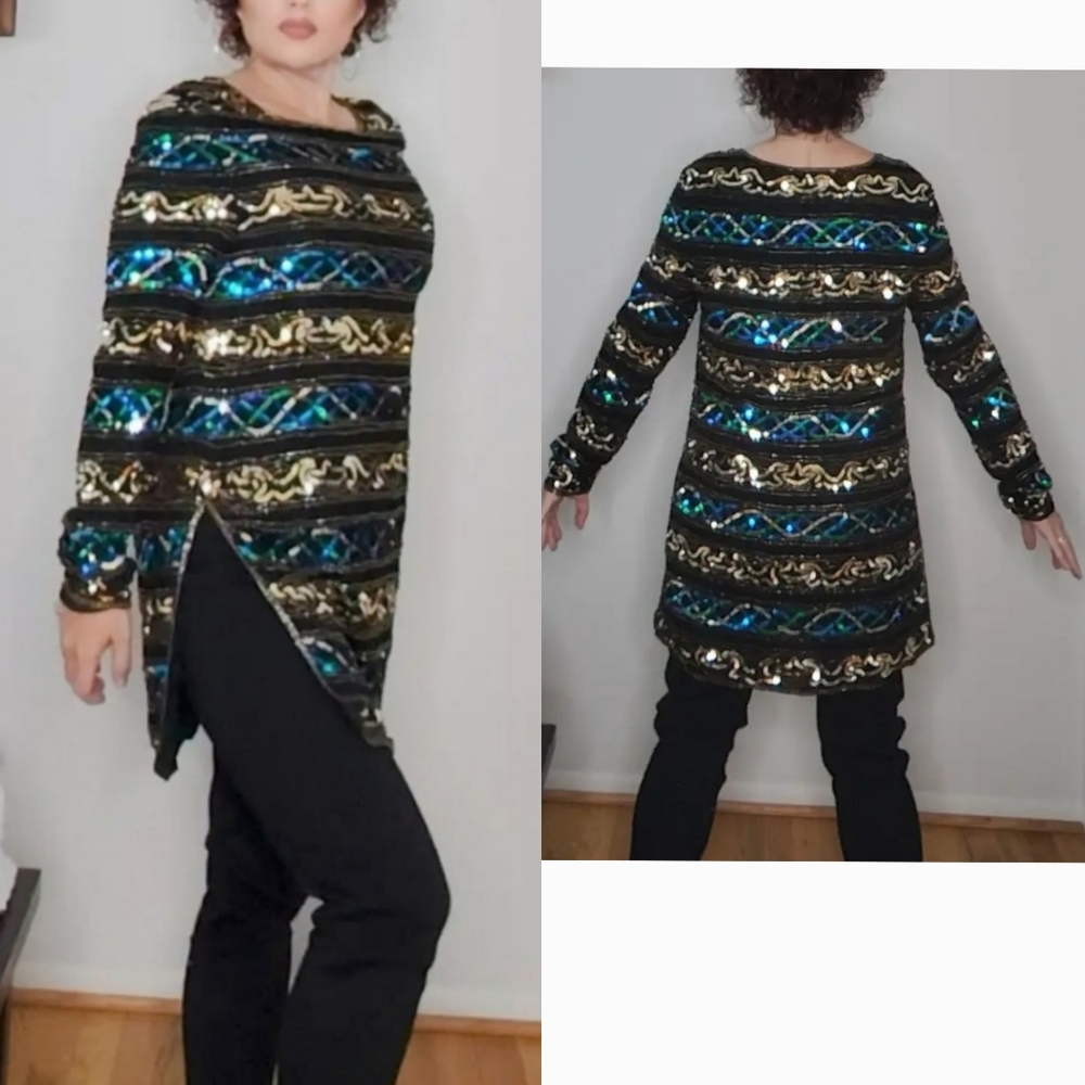 Papell Boutique Evening Vintage Black Silk Tunic Sequins Green Blue Gold Large
